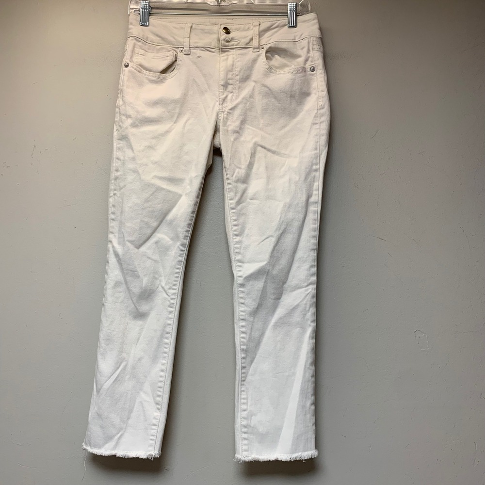 American Eagle Jeans Womens 8 White Super Super Stretch Raw Hem Mid Rise Excel